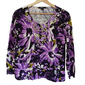 Womens Purple Floral Embellished Knit Cardigan Sweater Med Gemstone Resort NWOT